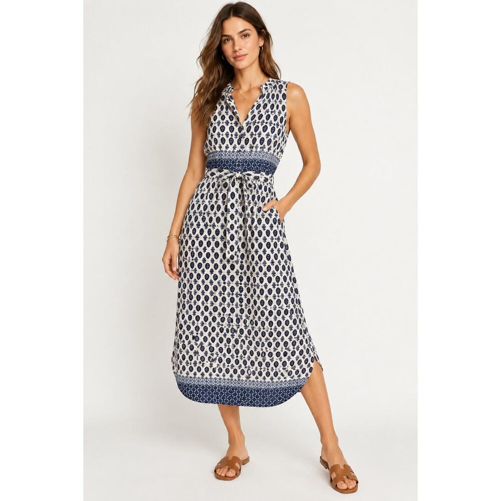 MISA Los Angeles Blue White Print Belted Midi Dress S